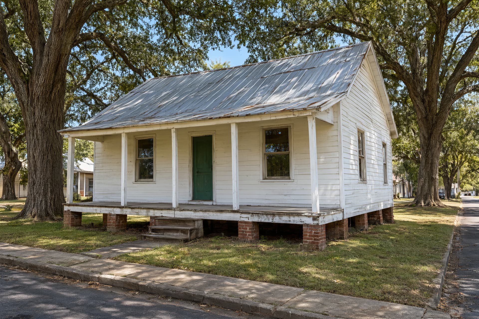 Small white wood-sided mill house with a tin roof and a front porch on brick piers