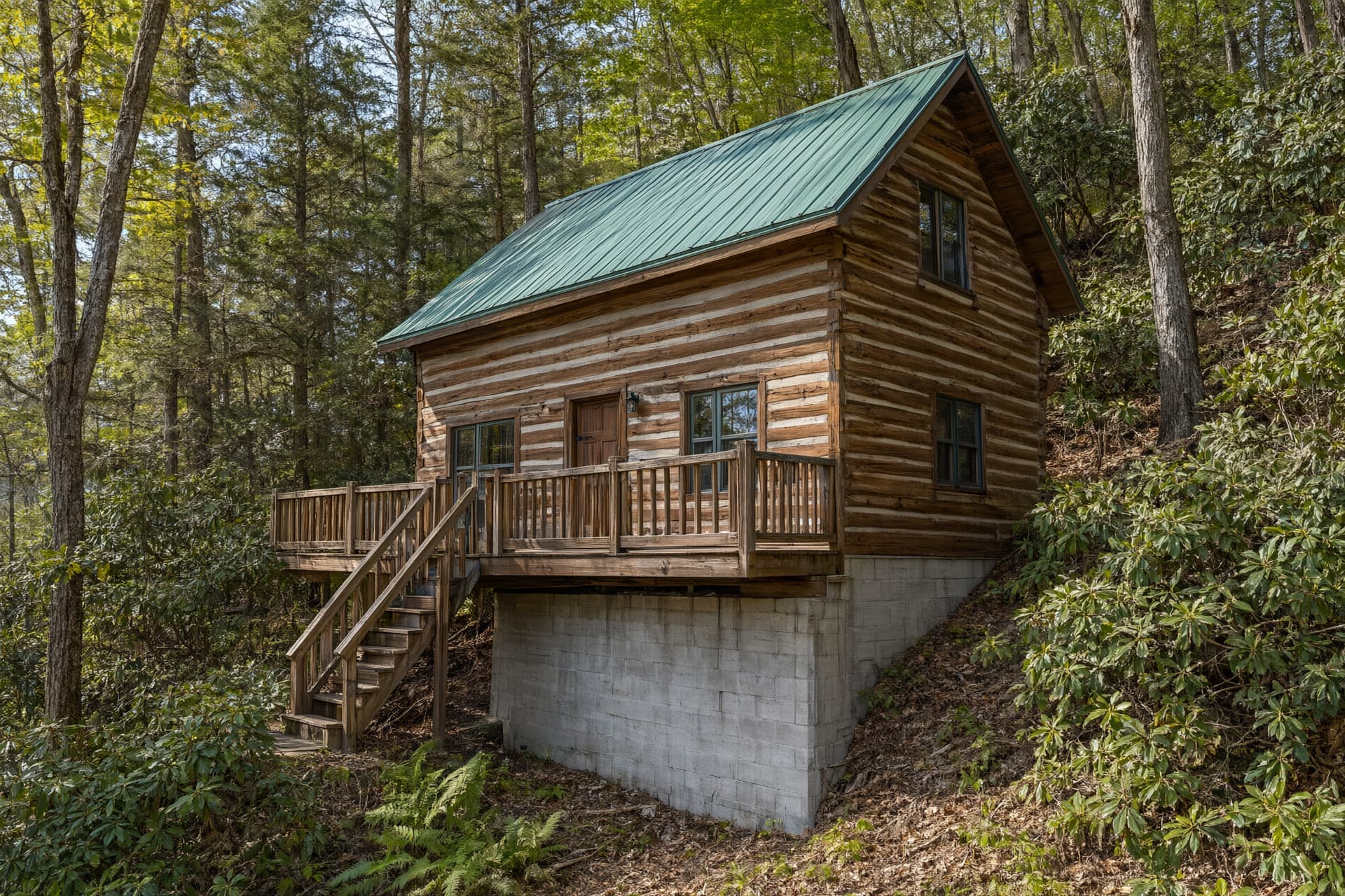 Log-sided cabin with a green metal roof and a tall block foundation on a wooded hillside