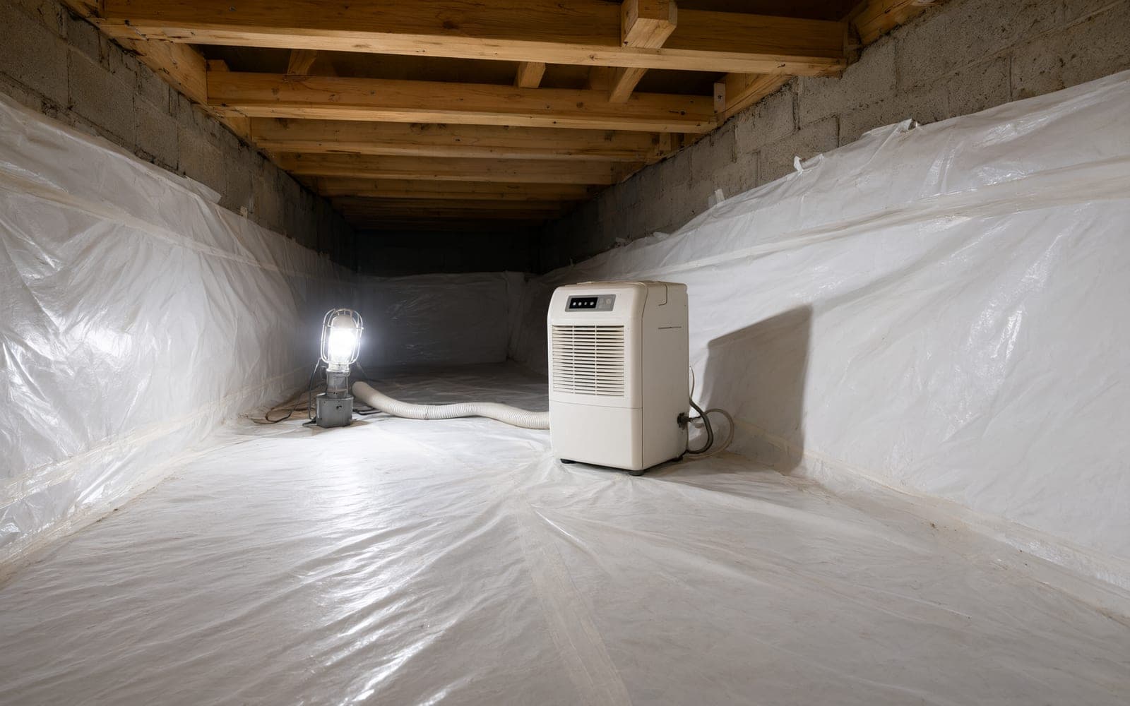 Encapsulated crawl space with a white liner on the floor and walls and a dehumidifier on the liner