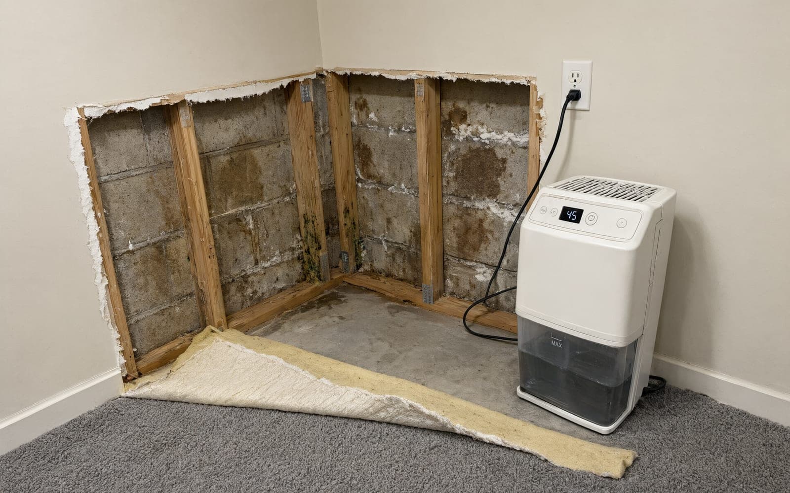 Finished basement corner with the drywall cut away to the block wall, carpet pad pulled back and a dehumidifier running