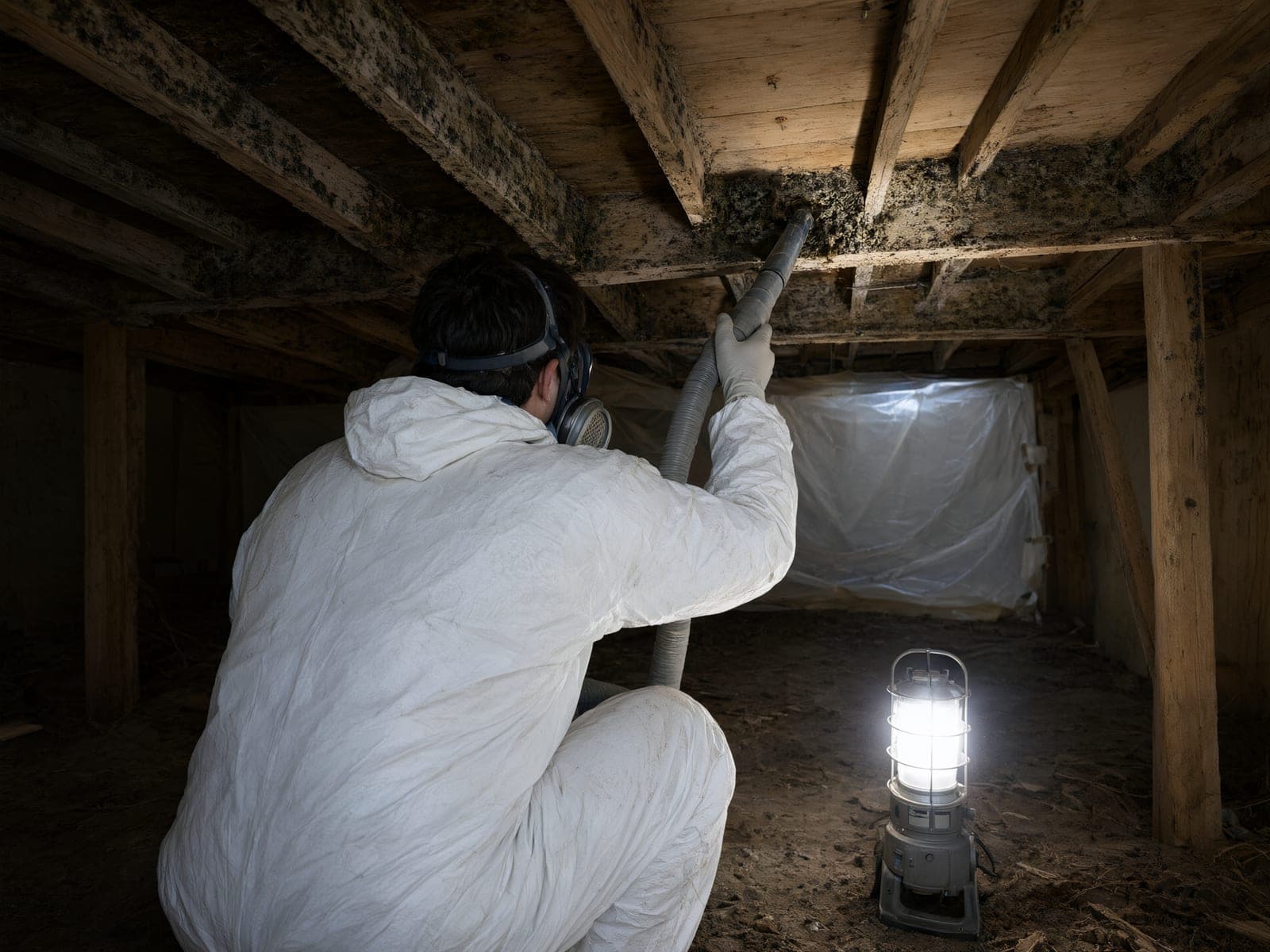Technician in white coveralls HEPA vacuuming mold off crawl space floor joists